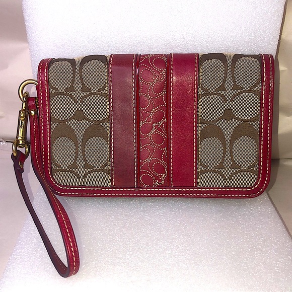 Vintage COACH Hampton Red Leather & Canvas Signature C Wristlet Clutch w Hangtag - Picture 17 of 17